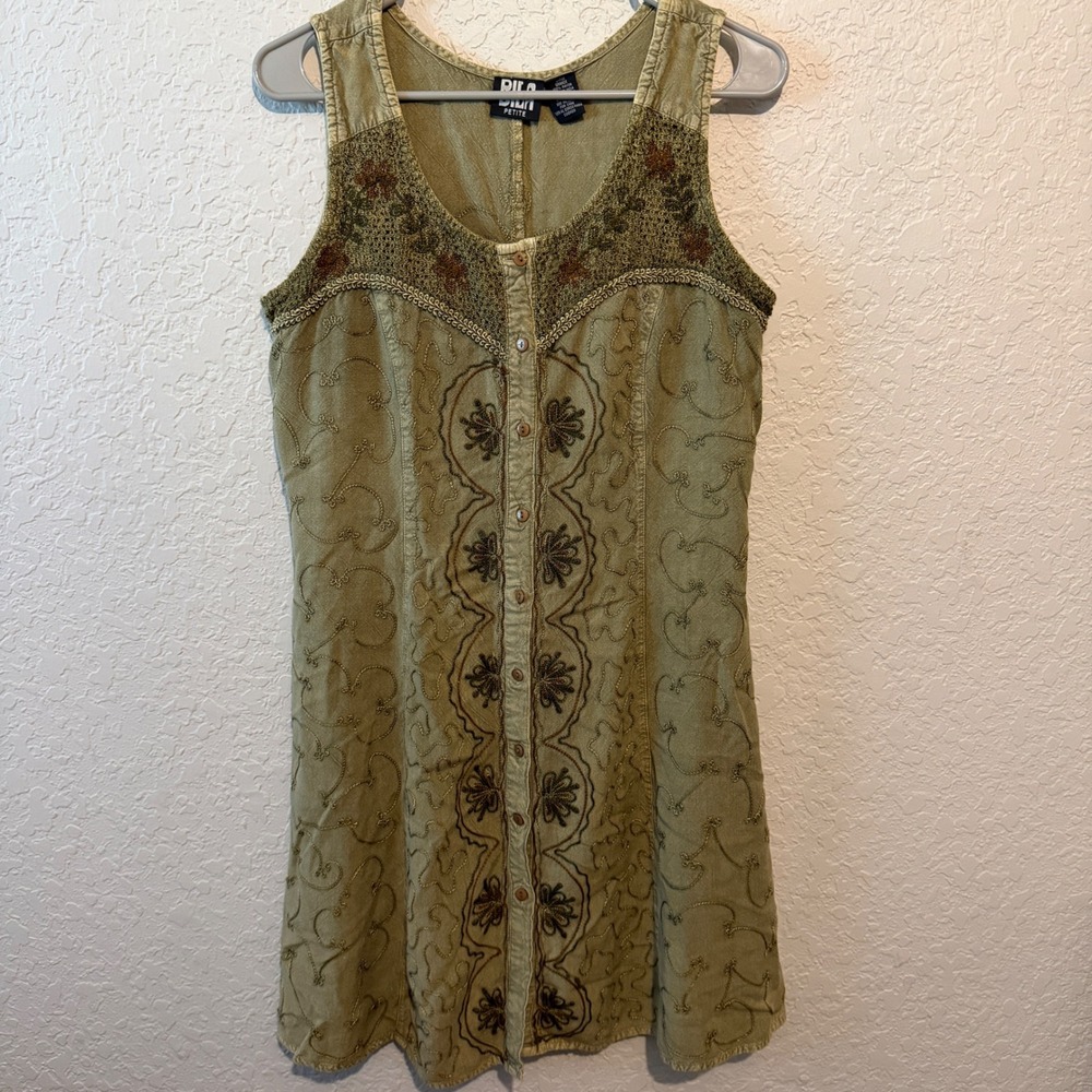 Bila Petite Embroidered Button Front Dress Large Sage Green Boho Cottagecore